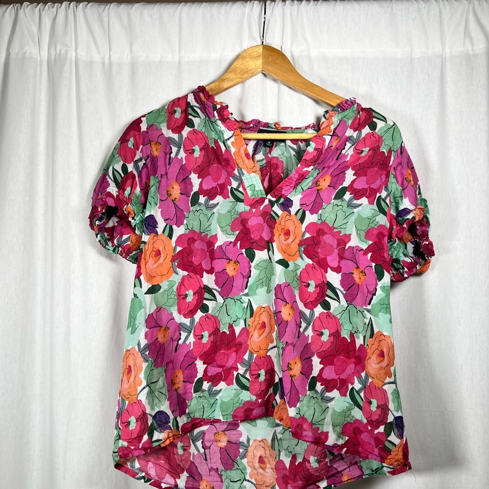 Vibrant Floral V-Neck Blouse - Pink, Green, Orange